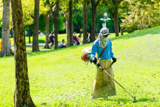lawn mower worker man cutting grass in green field park
