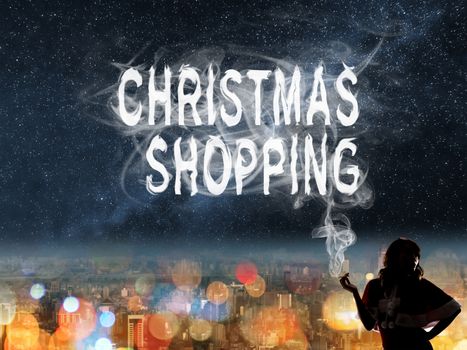 Christmas concept of shopping to buy with Asian lady and smoke text in the city night.