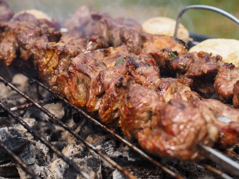 Closeup of beef meat on skewers over hot charcoal barbecue