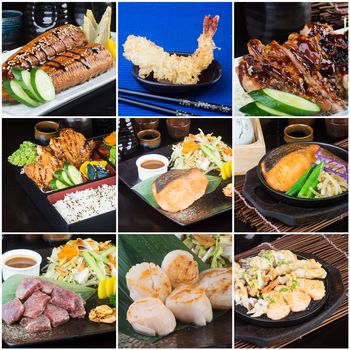 japanese food collage on the background.