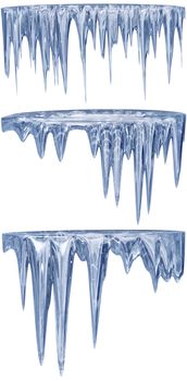 set of hanging thawing and melting blue dripping icicles, as a shiny crystal glass, with crisp spikes in icy winter season time from freezer make around arctic frost with icing on the scene