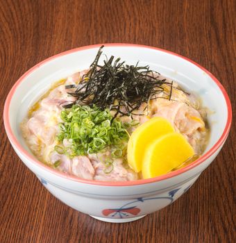 japanese cuisine. fried chicken rice on background