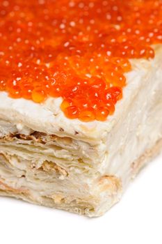 closeup of layered pie made with red caviar