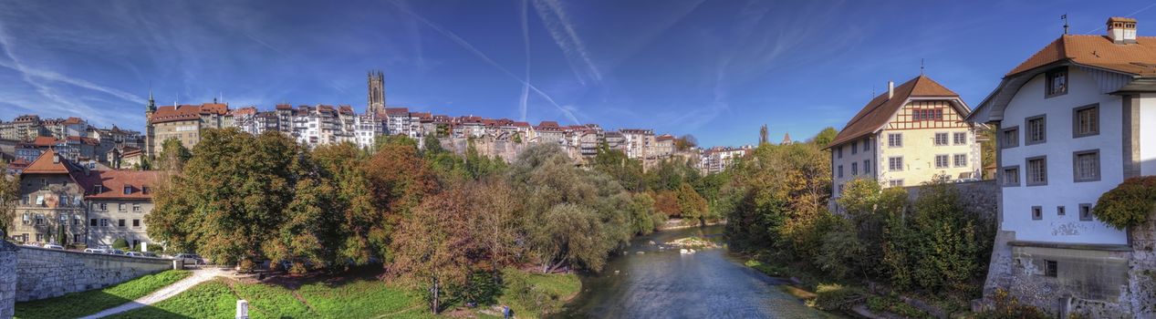 Panoramic iew of cathedral of St. Nicholas in Fribourg, Switzerland, HDR