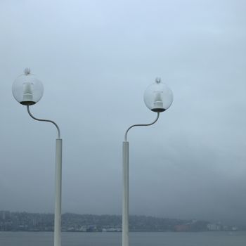 Street lights on the shore of a large river