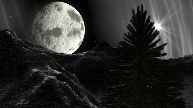 Christmas winter landscape in the mountains at night. A full moon and a starry sky with Christmas Star