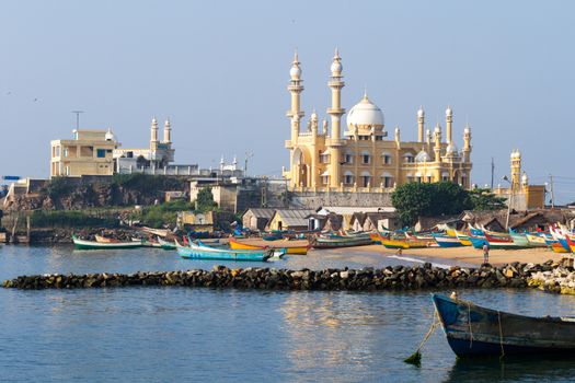 fishing harbour with mosque in the background (Arabian Sea, Kerala, India)