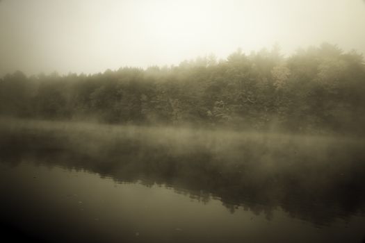 River fog, old-fashioned image, Connecticut River, Brattleboro, USA.