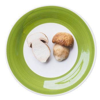 Boletus edulis aka penny bun or porcino mushroom in a dish isolated over white