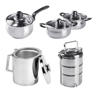 stainless steel kitchenware collection on background