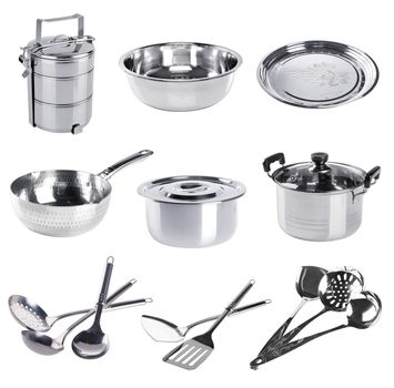 stainless steel kitchenware collection on background