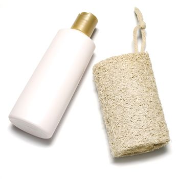 loofah and liquid soap isolated on a white background