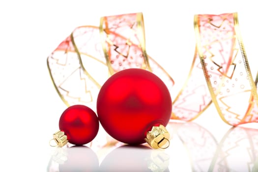 christmas balls with ribbon, isolated on white background with copy space