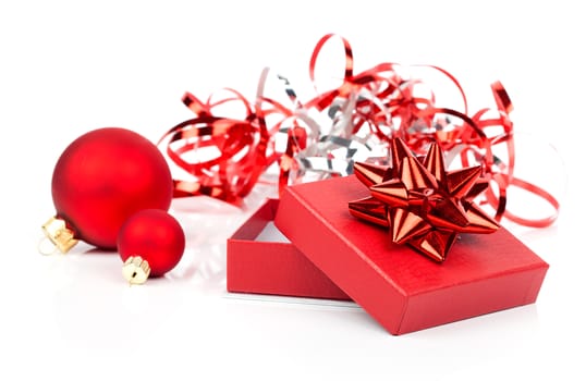 Christmas balls / ornaments, on a white background with copy space