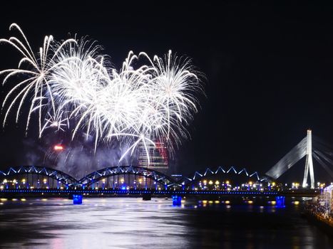 Fireworks in Big Eeuropean city Riga, Independence day