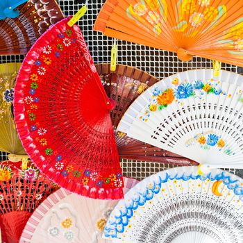 Bright colors on these traditional Spanish Fans in Saville, Andalusia Region.