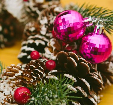 Christmas Decoration Over Wooden Background. Decorations over Wood. Vintage. Selective focus