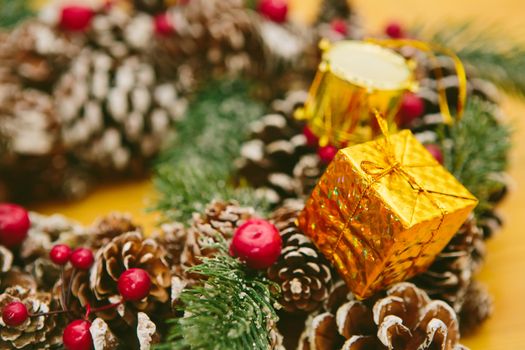 Christmas Decoration Over Wooden Background. Decorations over Wood. Vintage. Selective focus