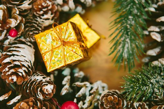 Christmas Decoration Over Wooden Background. Decorations over Wood. Vintage. Selective focus