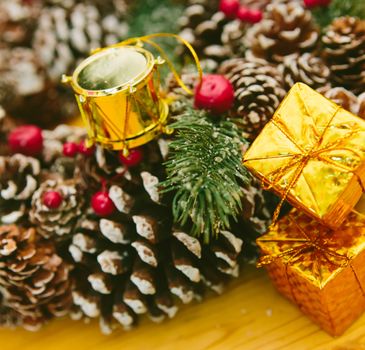 Christmas Decoration Over Wooden Background. Decorations over Wood. Vintage. Selective focus