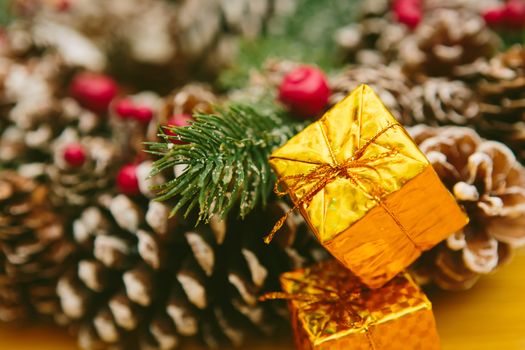 Christmas Decoration Over Wooden Background. Decorations over Wood. Vintage. Selective focus