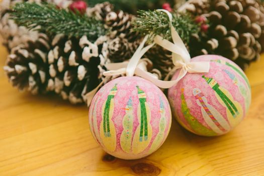 Christmas Decoration Over Wooden Background. Decorations over Wood. Vintage. Selective focus