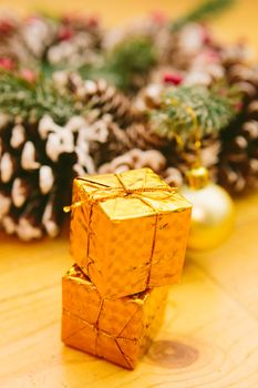 Christmas Decoration Over Wooden Background. Decorations over Wood. Vintage. Selective focus