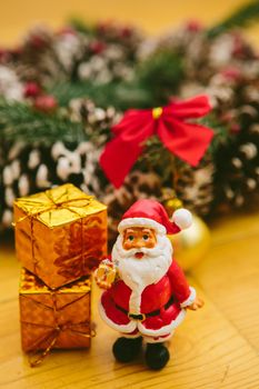 Christmas Decoration Over Wooden Background. Decorations over Wood. Vintage. Selective focus