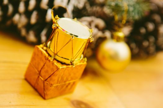 Christmas Decoration Over Wooden Background. Decorations over Wood. Vintage. Selective focus