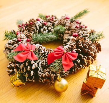 Christmas Decoration Over Wooden Background. Decorations over Wood. Vintage. Selective focus