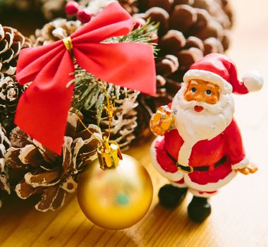 Christmas Decoration Over Wooden Background. Decorations over Wood. Vintage. Selective focus