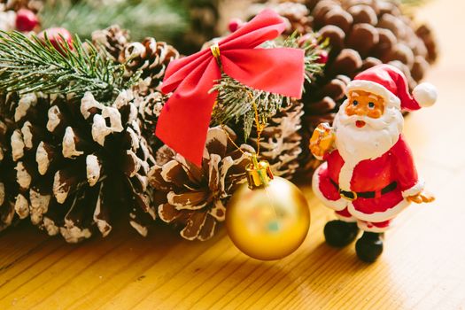 Christmas Decoration Over Wooden Background. Decorations over Wood. Vintage. Selective focus