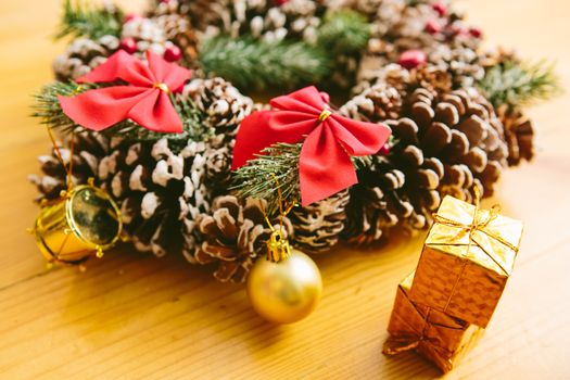 Christmas Decoration Over Wooden Background. Decorations over Wood. Vintage. Selective focus