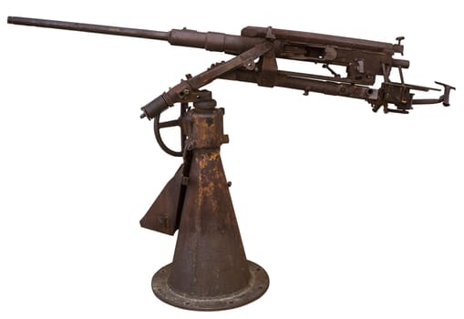 Rusty machine gun, on a white background.