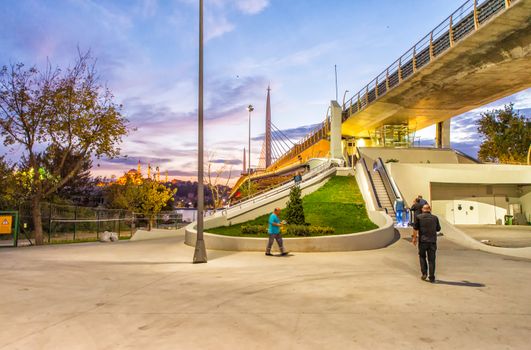 Pedestrian entrance of New Galata Bridge over Golden Horn river - Istanbul.