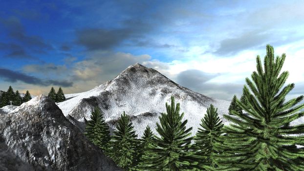 Winter mountain landscape with fir trees and cloudy blue sky