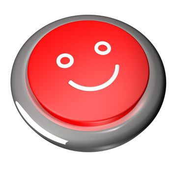 Smiling face on red button, 3d render