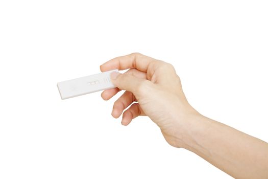 woman hand holding a positive pregnancy test isolate on white background