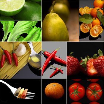 Organic Vegetarian Vegan dietetic  food collage  dark mood