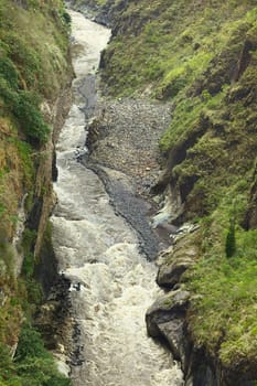 The canyon of the Pastaza River photographed from the San Francisco Bridge in the small town of Banos in Tungurahua Province, Central Ecuador 