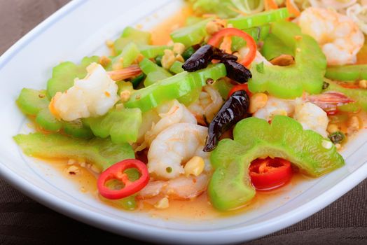 Fried bitter melon with shrimp,Thai food