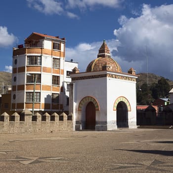 Small chapel on the courtyard of the Basilica of Our Lady of Copacabana in the small tourist town of Copacabana along Lake Titicaca in Bolivia