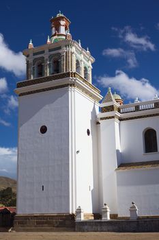 Bell tower of the Basilica of Our Lady of Copacabana in the small tourist town of Copacabana at Lake Titicaca in Bolivia