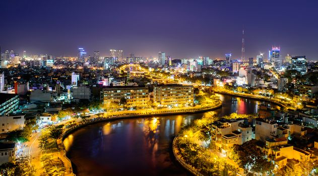 Lighting of Thi Nghe canal, Ho Chi Minh city at night, Vietnam, Southeast Asia