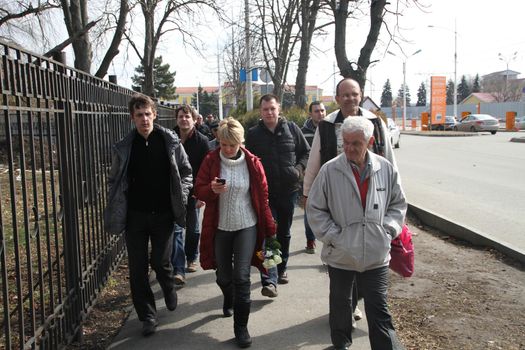 Krasnodar, Russia - March 23, 2012. Evgeniya Chirikova near Krasnodar airport together with the delegation from Moscow, came to check the information about the cottage Governor Tkachev in the protected forest. Photo Igor Bakirov, Nikolai Laskin, Evgenia Chirikova, Victor Chirikov and other activists