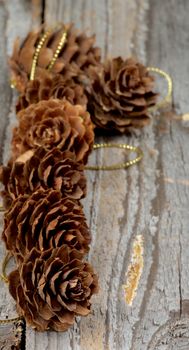 Christmas Decoration with Small Decorative Fir Cones In a Row on Rustic Wooden background. Focus on Foreground