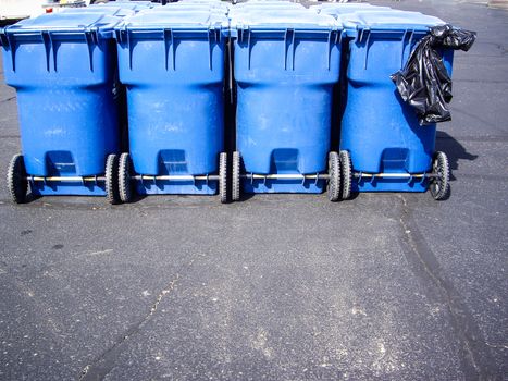 Wheeled blue trash containers