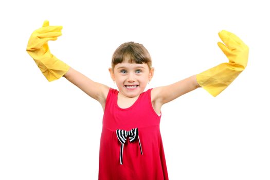Cute Little Girl in Rubber Gloves Isolated on the White Background