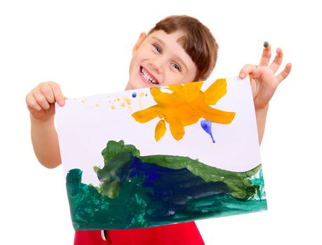 Focus on the Paint. Cheerful Little Girl shows a Picture on the White Background