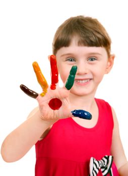 Focus on the Palm. Little Girl with Painted Palm on the White Background